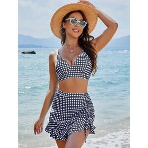 NEW‎ Gingham Push Up XXL Bikini and High Waisted Swim Skirt Set Black White